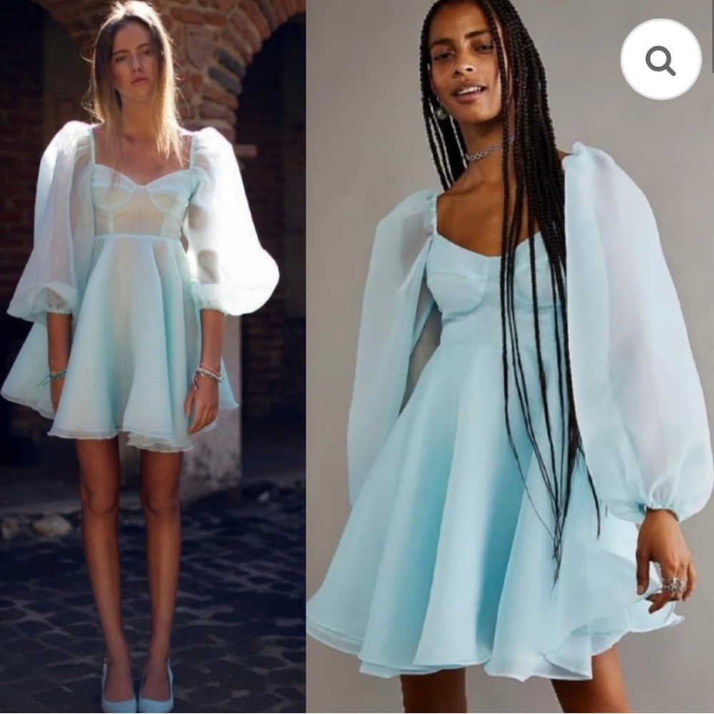 Selkie Light Blue Puff Sleeve Fit-and-Flare Mini Dress